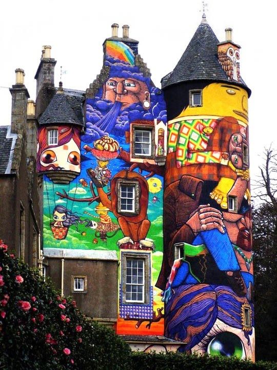 Kelburn Castle near Fairlie, Scotland, painted by street artists Nina and Nunca Os Gemeos from Sao Paulo, Brazil (completed in June 2007)