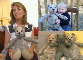 Ela faz ursinhos com os uniformes dos soldados que morreram na guerra