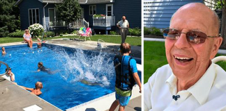 Aos 94 anos, viúvo constrói piscina para reunir vizinhos e não ficar sozinho.