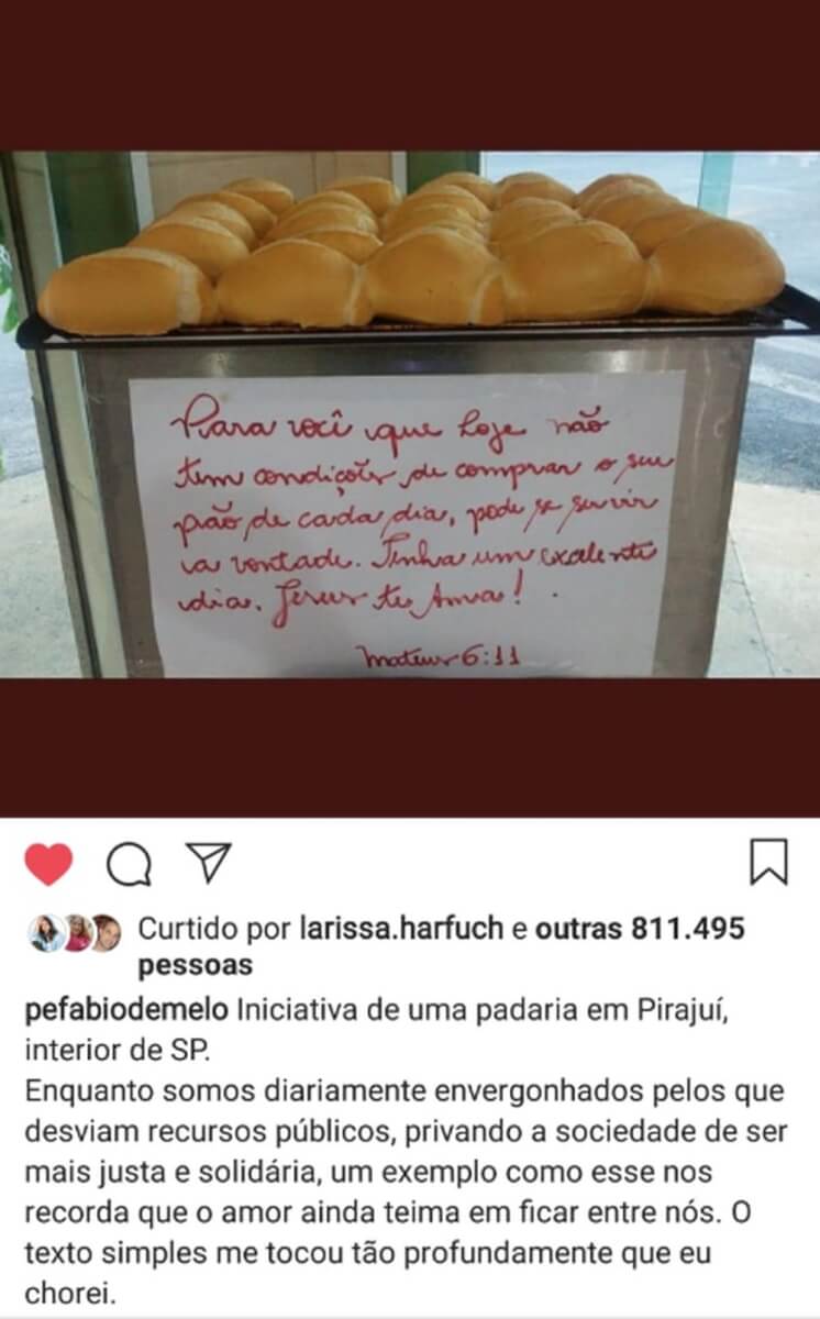 asomadetodosafetos.com - Padaria que doa pão a quem não pode pagar emociona Padre Fábio de Melo