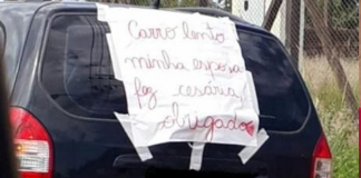 Foto de veículo com cartaz: “Carro lento, minha esposa fez cesária”, viraliza nas redes sociais Foto de veículo com cartaz: “Carro lento, minha esposa fez cesária”, viraliza nas redes sociais