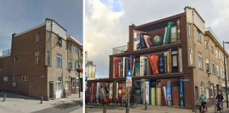Artistas holandeses pintam uma prateleira gigante em um prédio de apartamentos com livros favoritos dos moradores