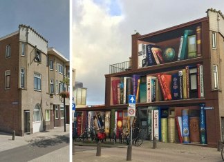 Artistas holandeses pintam uma prateleira gigante em um prédio de apartamentos com livros favoritos dos moradores