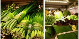 Supermercado tailandês usa folhas de plátano para embalar alimentos