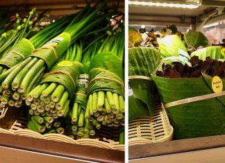 Supermercado tailandês usa folhas de plátano para embalar alimentos