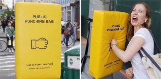 Em Manhattan, eles instalaram sacos de boxe para aliviar o estresse. Não é fácil viver em grandes cidades Em Manhattan, eles instalaram sacos de boxe para aliviar o estresse. Não é fácil viver em grandes cidades