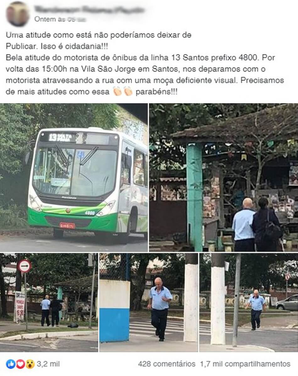 contioutra.com - Gentileza: Motorista pára ônibus para ajudar mulher cega a atravessar a rua em SP