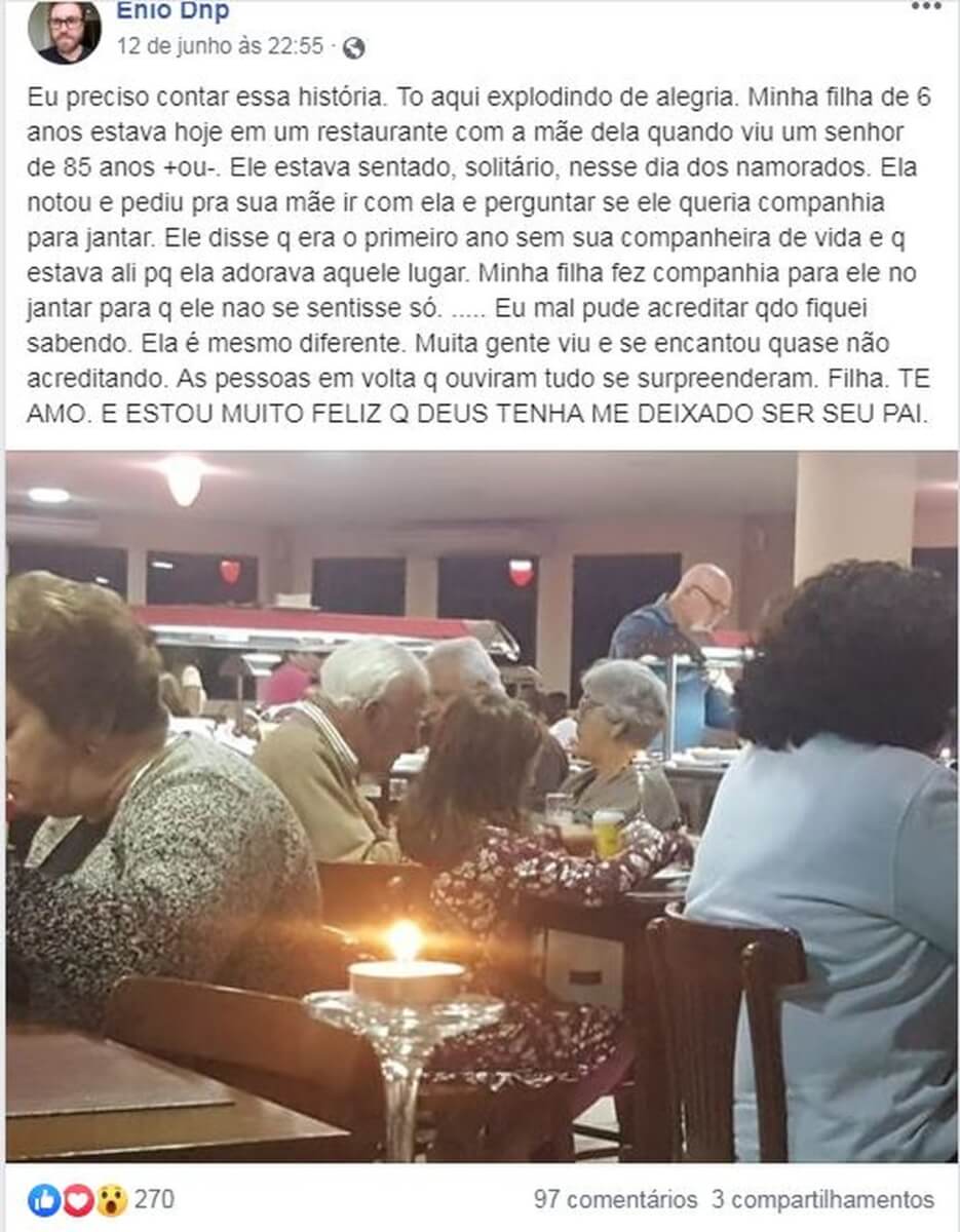 contioutra.com - Garotinha senta com idoso que jantava sozinho em restaurante e emociona pai