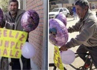 Vovô enfeitou sua bicicleta com balões para buscar sua neta na escola. O melhor aniversário
