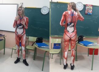 Professora de ciências se veste de ‘corpo humano’ para ensinar sobre órgãos e músculos