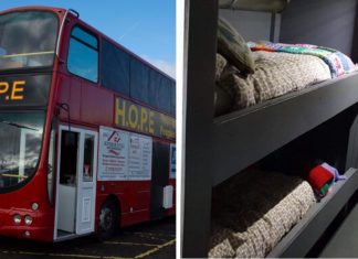 Ônibus de dois andares é transformado em um abrigo móvel para moradores de rua.