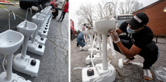 ONG desenvolve pias para ajudar moradores de rua a lavarem as mãos.