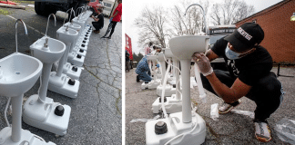ONG desenvolve pias para ajudar moradores de rua a lavarem as mãos.