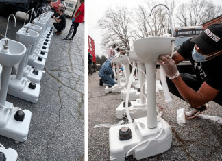 ONG desenvolve pias para ajudar moradores de rua a lavarem as mãos.