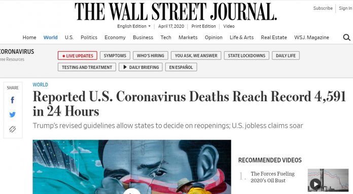 EUA registra 4591 vidas perdidas nas últimas 24 horas, segundo dados da Universidade Johns Hopkins