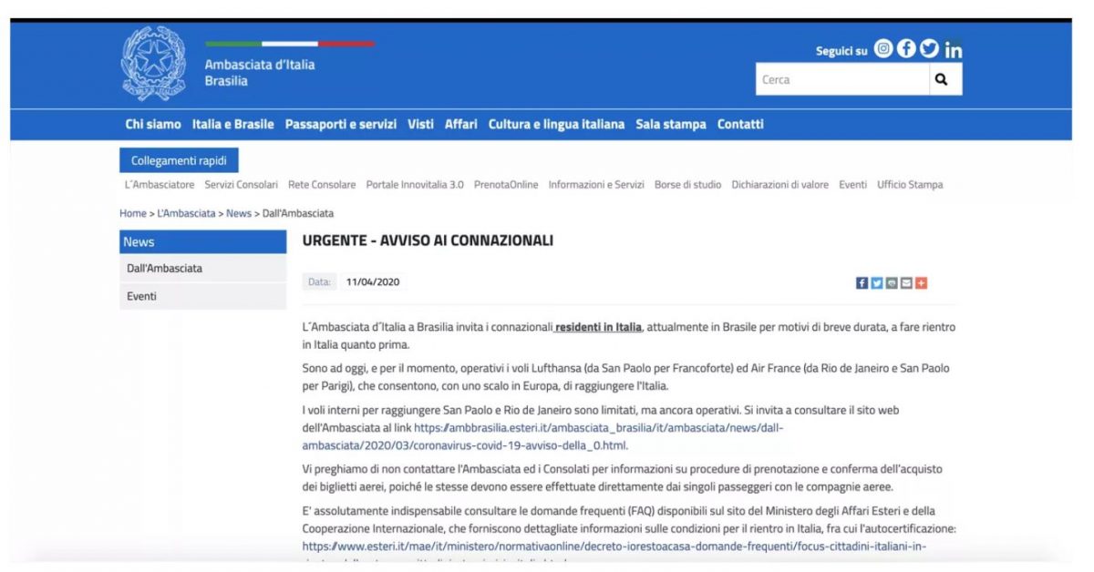 contioutra.com - Embaixada orienta italianos a deixarem o Brasil rapidamente