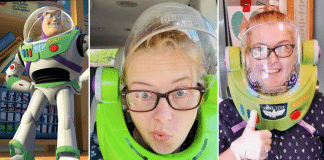 Mãe faz sucesso ao usar o capacete do Buzz Lightyear para se proteger ao fazer compras. Mãe faz sucesso ao usar o capacete do Buzz Lightyear para se proteger ao fazer compras.