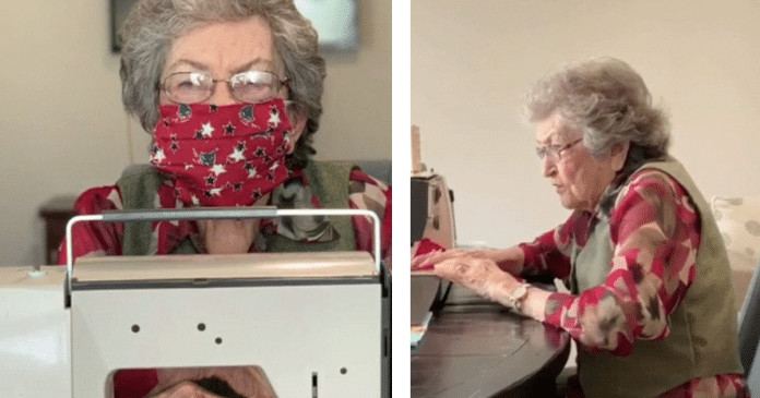 Vovó de 96 anos costura máscaras para sua comunidade.