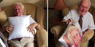 Vovô viúvo se emociona ao ganhar almofada com rosto de sua esposa. Confira o vídeo!