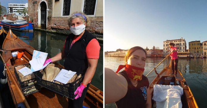 Mulheres venezianas estão usando as gôndolas para entregar comida.
