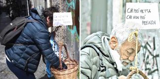 Na Itália, cestas de alimentos são penduradas nos espaços públicos para os necessitados.