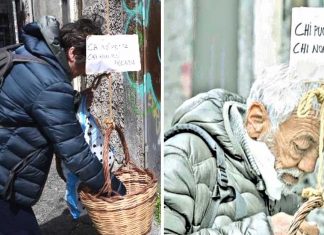 Na Itália, cestas de alimentos são penduradas nos espaços públicos para os necessitados.