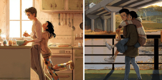 Em série de ilustrações, artista retrata o aconchego da vida de um casal apaixonado