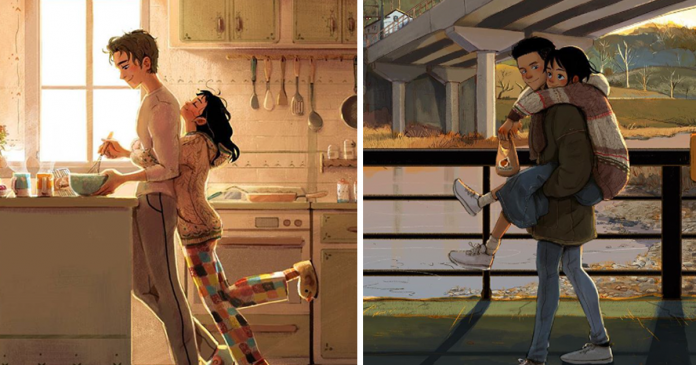 Em série de ilustrações, artista retrata o aconchego da vida de um casal apaixonado