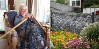 Essa mulher trocou as grades de seu jardim por cercas que ela mesmo tricotou. O resultado é lindo!