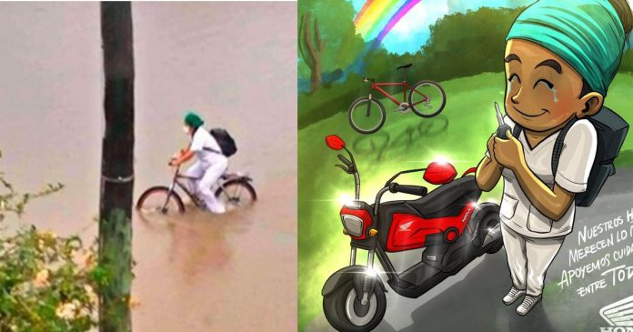 Honda doa moto a enfermeira que atravessou enchente de bicicleta para chegar no trabalho
