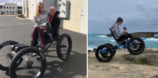 Marido projeta uma cadeira de rodas off-road para sua esposa andar por onde quiser. Amor aventureiro!