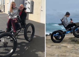 Marido projeta uma cadeira de rodas off-road para sua esposa andar por onde quiser. Amor aventureiro!