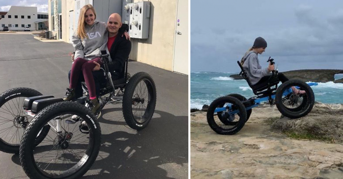 Marido projeta uma cadeira de rodas off-road para sua esposa andar por onde quiser. Amor aventureiro!