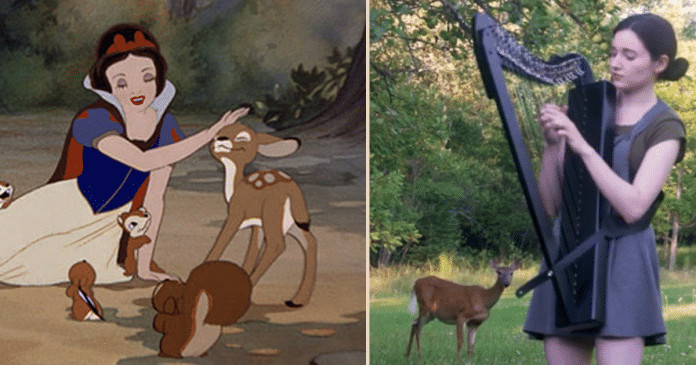 Mulher toca harpa e com sua música, atrai um pequeno cervo para perto. Uma cena digna da Disney; assista.