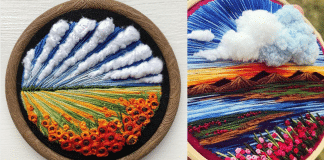 Artista combina seu amor por cores e bordados para costurar belas paisagens à mão