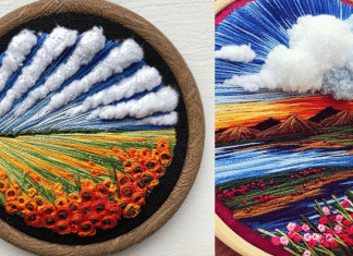 Artista combina seu amor por cores e bordados para costurar belas paisagens à mão