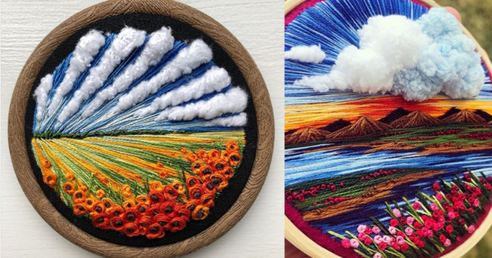 Artista combina seu amor por cores e bordados para costurar belas paisagens à mão