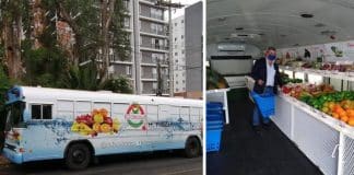 Esse ônibus escolar foi transformado em um mercado móvel após a suspensão das aulas durante a pandemia.