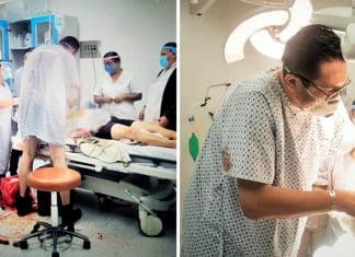 Médico sendo atendido em sala de emergência se levanta da cama para ajudar outro paciente.