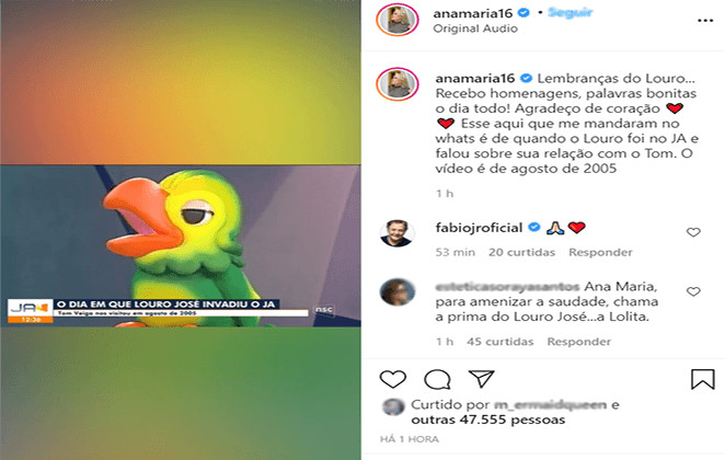 contioutra.com - Ana Maria posta v&iacute;deo de momento raro em que Louro Jos&eacute; fala sobre Tom Veiga
