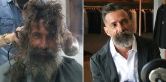Cantor promove transformação radical no visual de um morador de rua que lhe pediu uma lâmina para se barbear