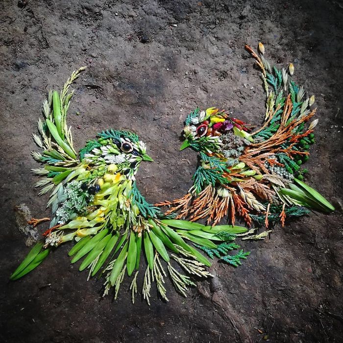 contioutra.com - Artista usa folhas e pétalas de flores para criar lindas representações de pássaros