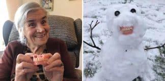 Netinhos usam a dentadura da bisavó para fazer um boneco de neve. O resultado é cômico!