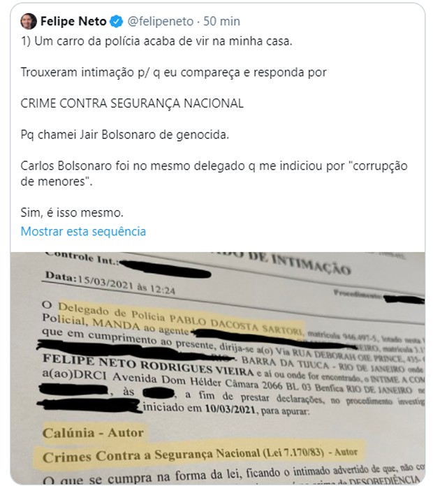 contioutra.com - Após intimação, Felipe Neto reafirma críticas e diz que Bolsonaro quer propagar o medo