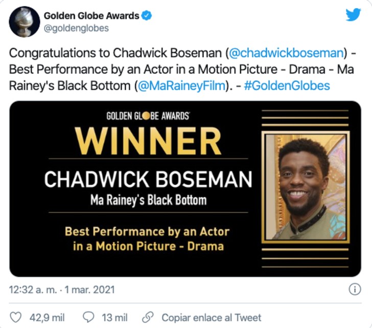 contioutra.com - Chadwick Boseman ganha o Globo de Ouro póstumo de Melhor Ator de Drama