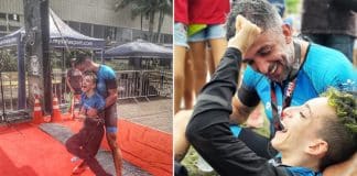 Pai participa de triátlon com filho que tem paralisia cerebral e diz com orgulho: “É minha inspiração!”