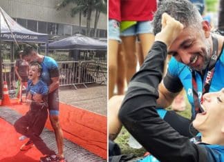 Pai participa de triátlon com filho que tem paralisia cerebral e diz com orgulho: “É minha inspiração!”