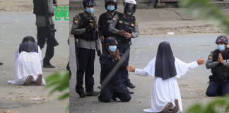 Freira se ajoelha diante de soldados armados para defender crianças na Birmânia