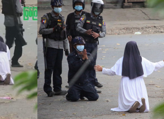 Freira se ajoelha diante de soldados armados para defender crianças na Birmânia