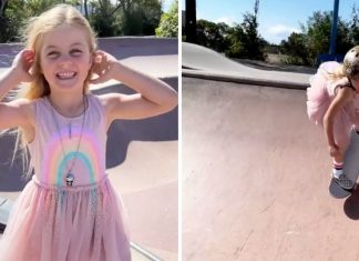 Garotinha de 6 anos faz sucesso na internet ao manobrar skate com seu vestido rosa; assista.